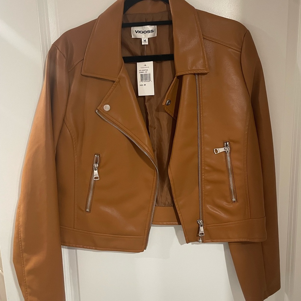 Vigoss Women's Brown Leather Jacket with Silver Zippers